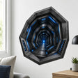 Anamorphic 3D wall decal showing a futuristic geometric metal tunnel with blue neon lights receding toward a bright glowing center.