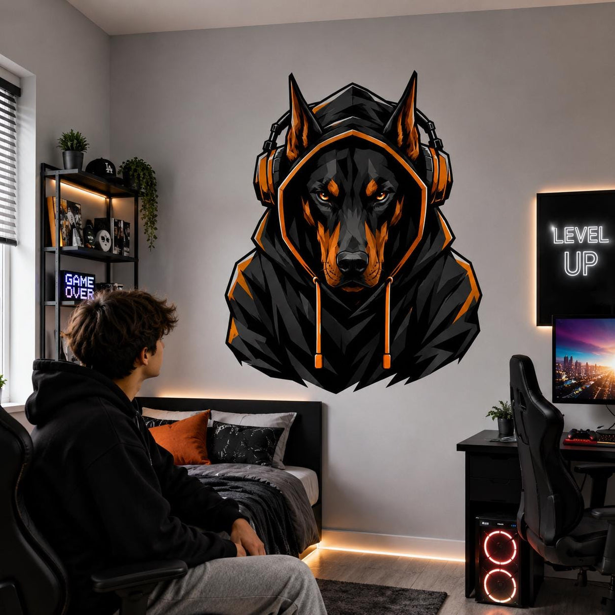 Additional product detail of the Doberman gamer wall decal.