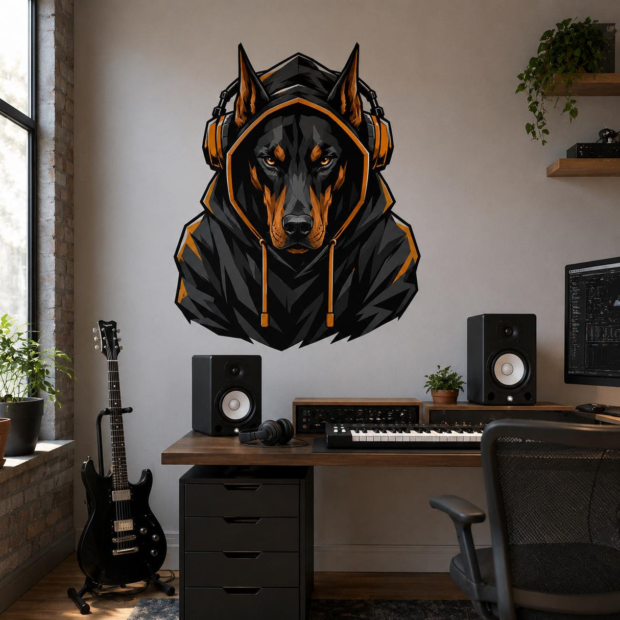 Doberman gamer wall decal displayed in an interior.