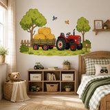 Product detail view of the red tractor and hay trailer wall decal.