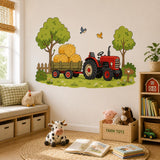 Red tractor and hay trailer wall decal shown in a room setting.