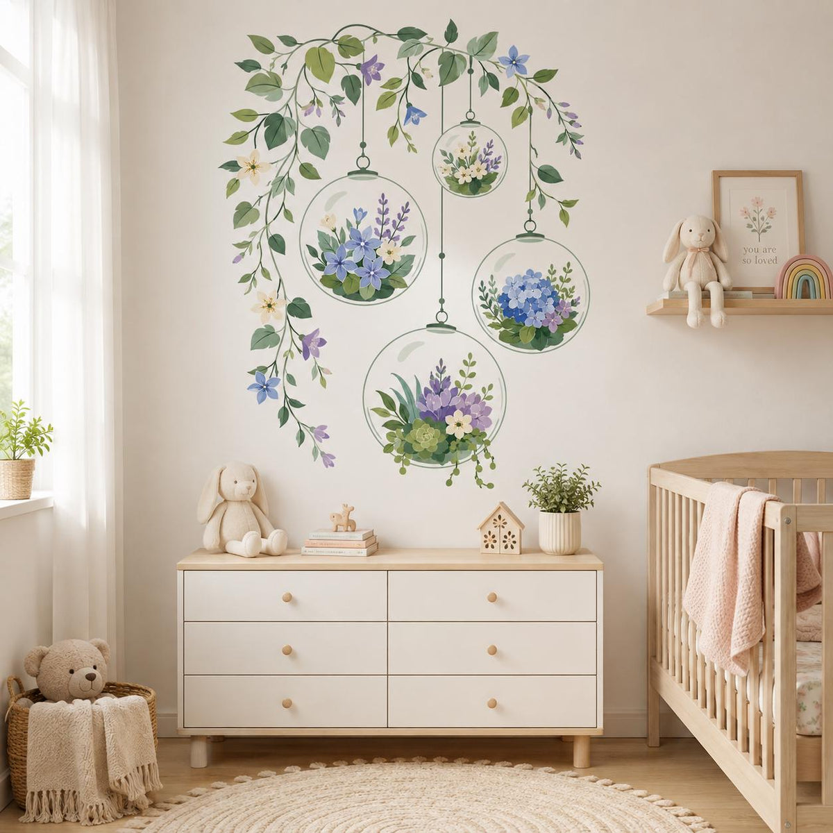 Alternate product view of the hanging floral terrarium wall decal.