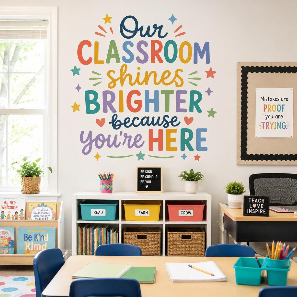 Our Classroom Shines Brighter wall decal shown in a room setting.