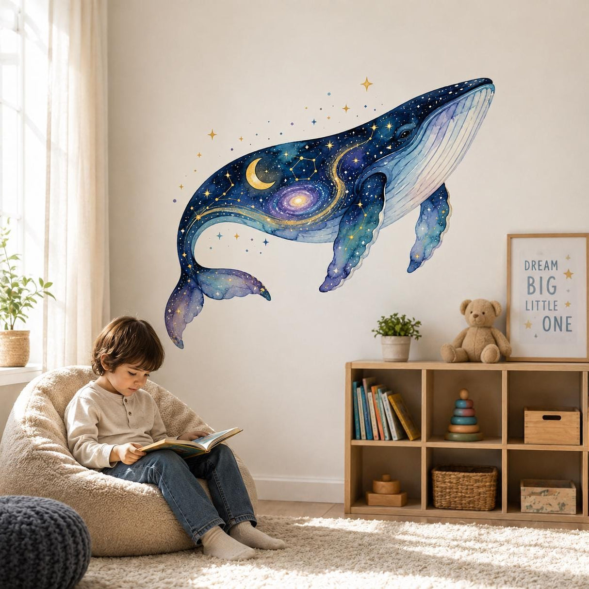 Product detail view of the celestial galaxy whale wall decal.