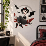 Gothic Bat Girl Wall Decal | Cute Spooky Vinyl Sticker | Gothic Bedroom Decor | Dark Kawaii Anime Wall Art | Vampire Inspired Moon Decor