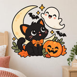 Black cat, pumpkin and friendly ghost Halloween wall decal beside a cream bed with blush pillows.