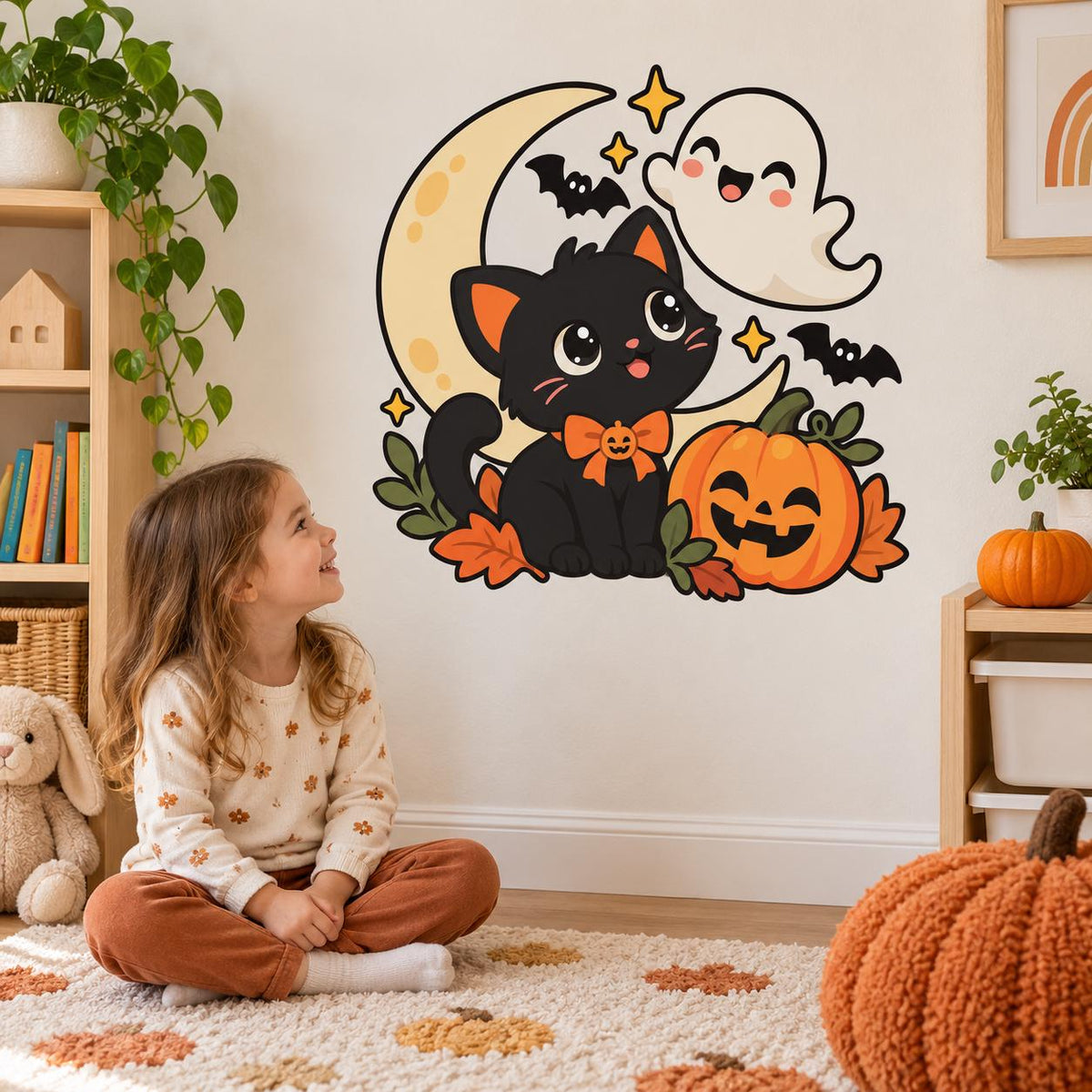 Young girl sitting on a rug looking at a Halloween cat and ghost wall sticker.