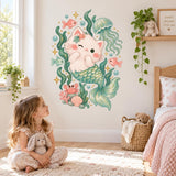 Cat mermaid vinyl decal with ocean plants, aqua jellyfish, pink crab and colorful reef fish.