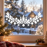 White Christmas candle window decal with evergreen branches, ribbon bows and hanging ornaments