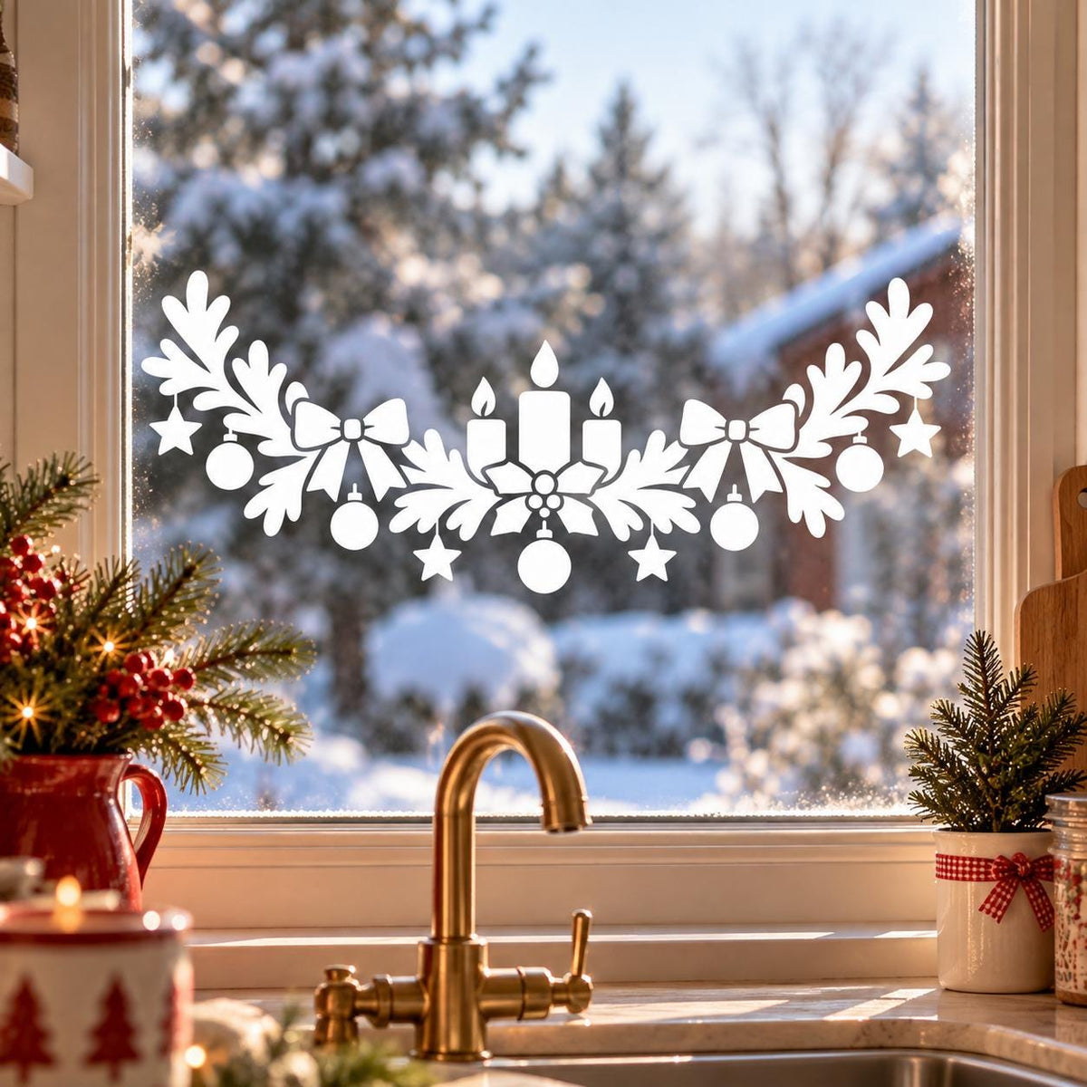 Christmas window decoration with candles, ribbons, fir branches and delicate white hanging baubles