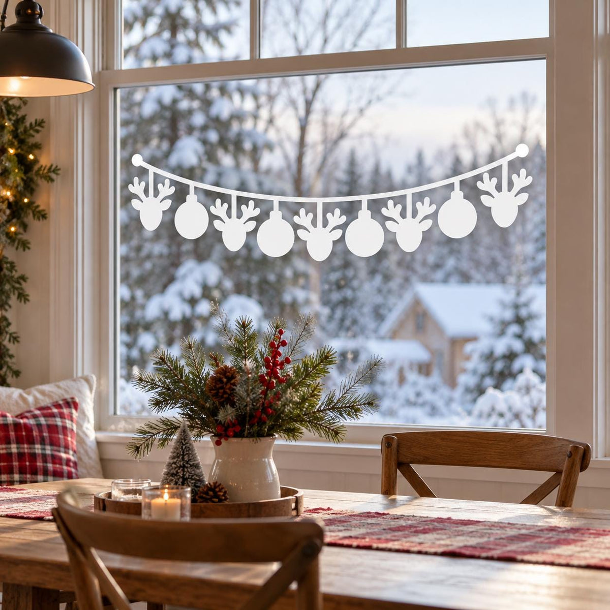 Holiday vinyl window decal featuring reindeer silhouette ornaments along a festive garland