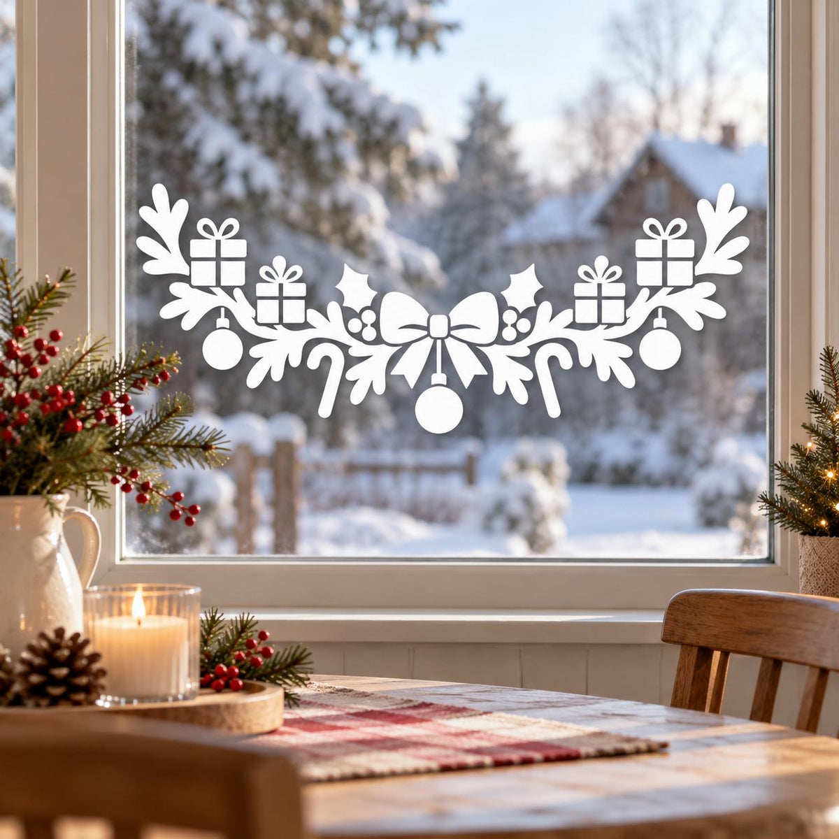 White Christmas bow decal with evergreen branches, hanging ornaments, gift boxes and candy canes