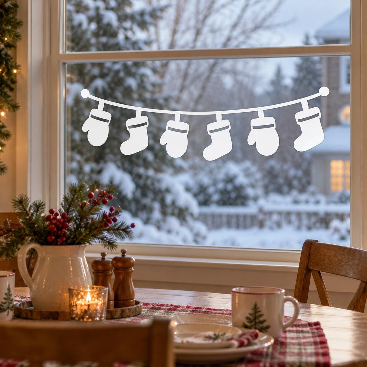 White Christmas stocking window decal with six stocking silhouettes hanging from a curved garland