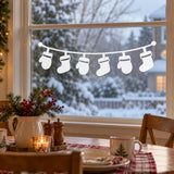 White Christmas stocking window decal with six stocking silhouettes hanging from a curved garland