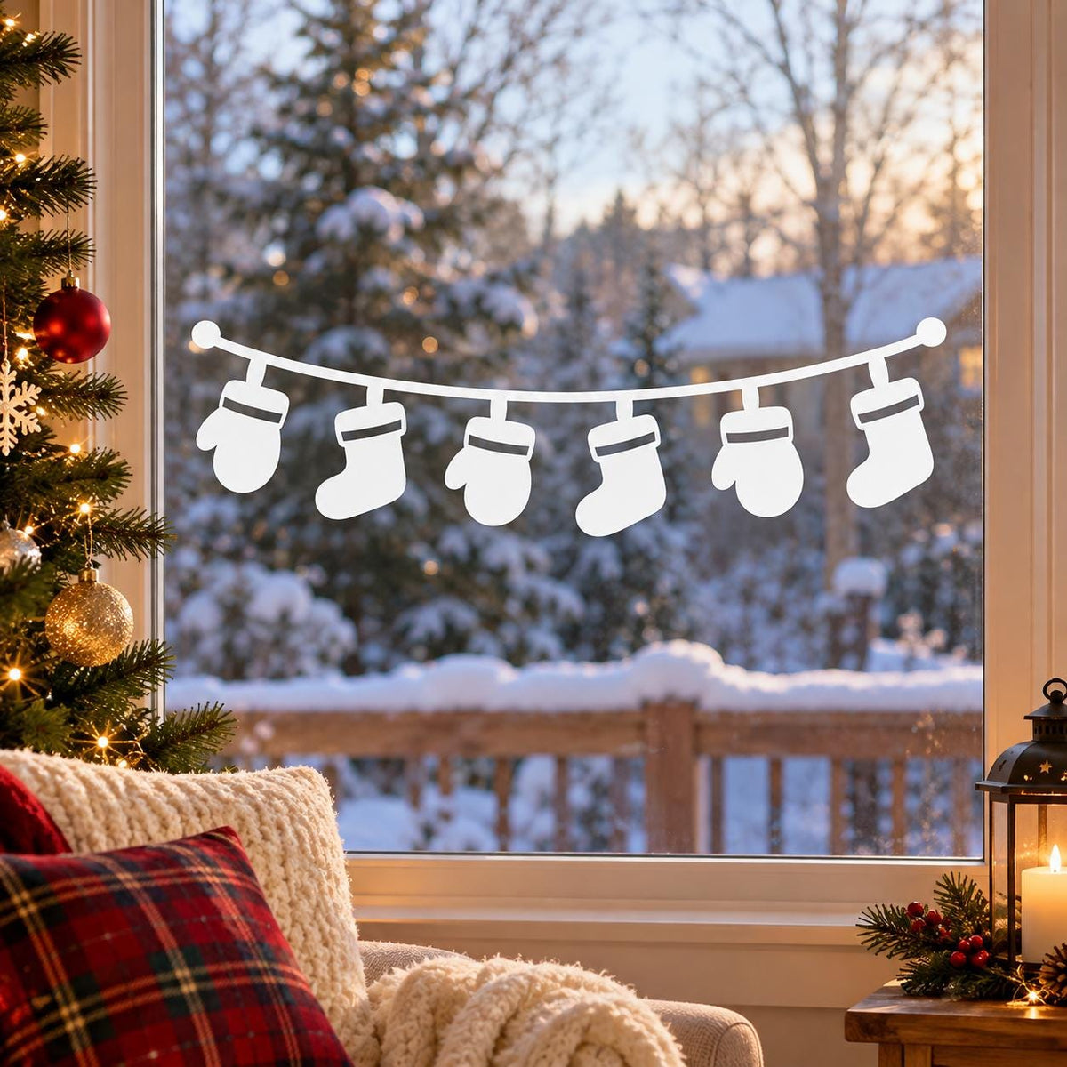 Holiday window sticker featuring six hanging stockings arranged along a white curved string
