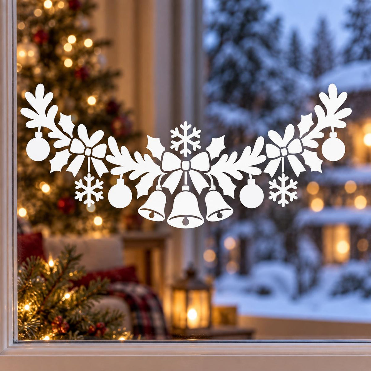 White Christmas window garland showing three bells under a bow and snowflake