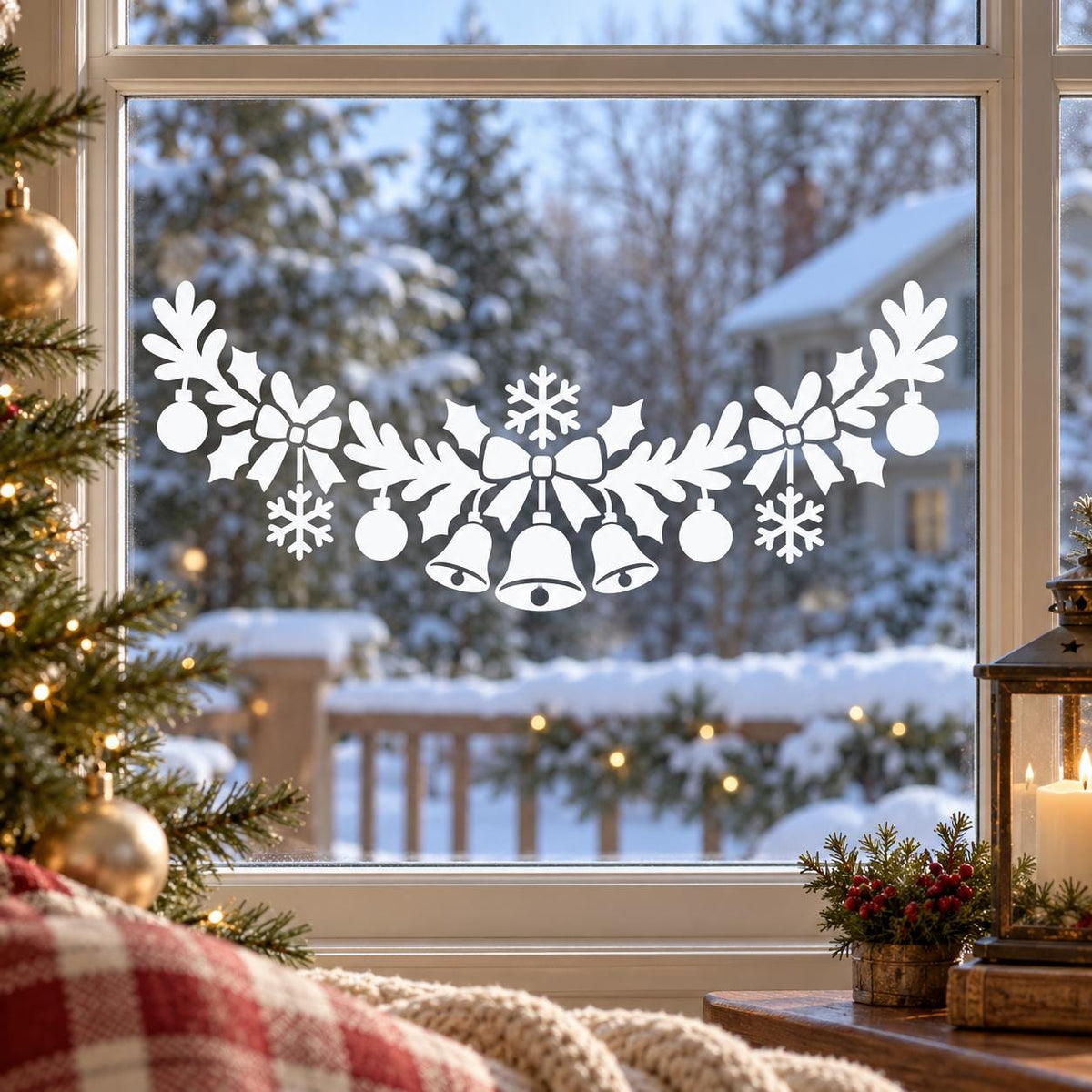 White vinyl window decoration with bells, smaller bows, evergreen foliage and a central snowflake
