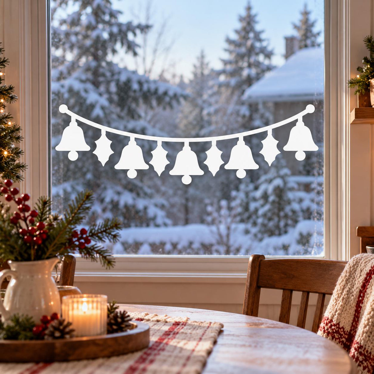 Minimalist holiday window sticker showing a row of five bells suspended from a curved garland