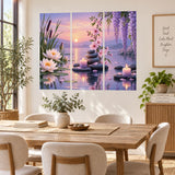 Botanical pond decal featuring water lilies, draping purple wisteria and spa candles in sunset colors.