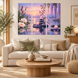Zen spa wall decal with water lilies and hanging purple wisteria around a pond with candles and dark stones.