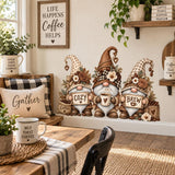 Whimsical coffee gnome decal design with bearded characters, patterned hats and coffee themed lettering