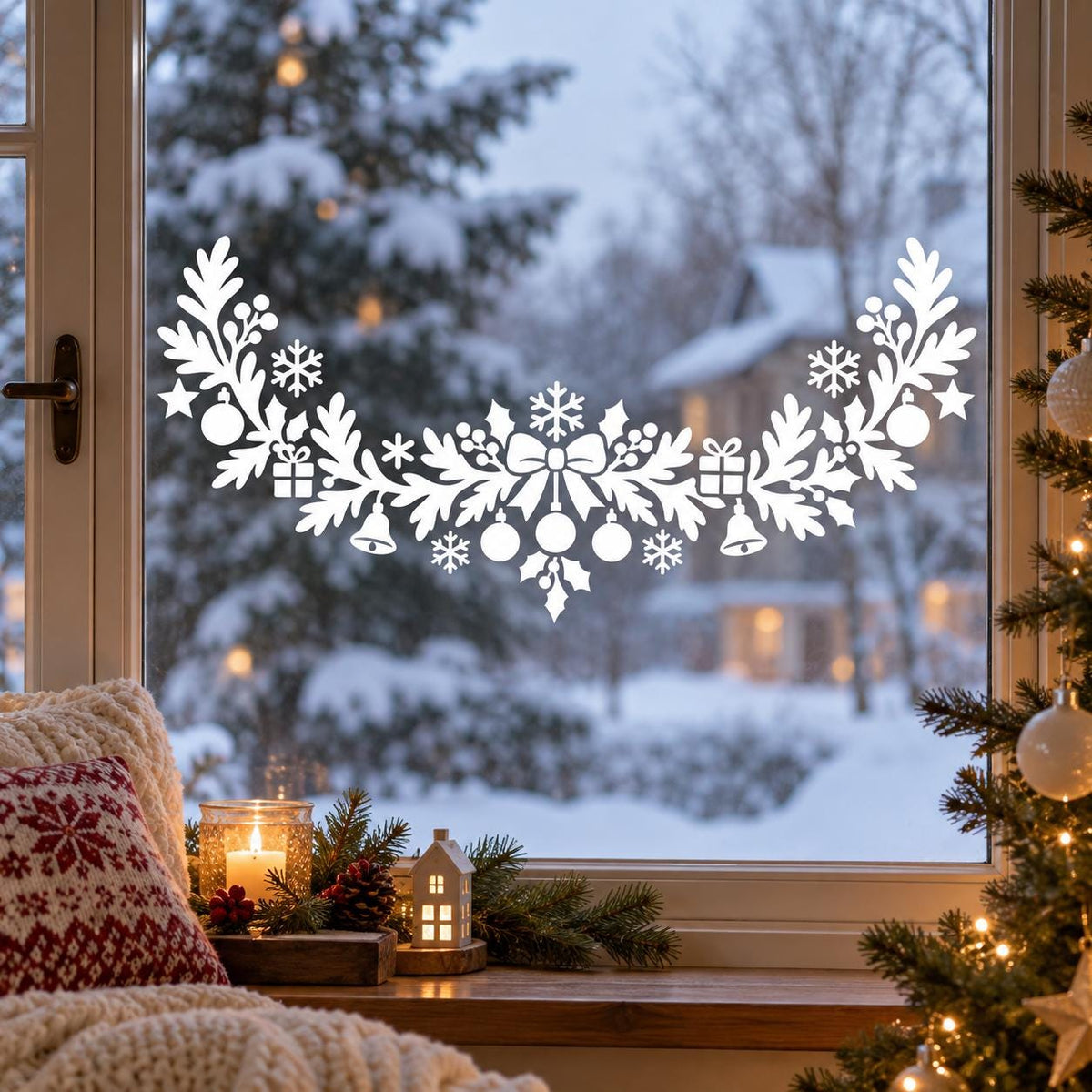 Arched evergreen garland glass decal with white Christmas bells, baubles and snowflakes