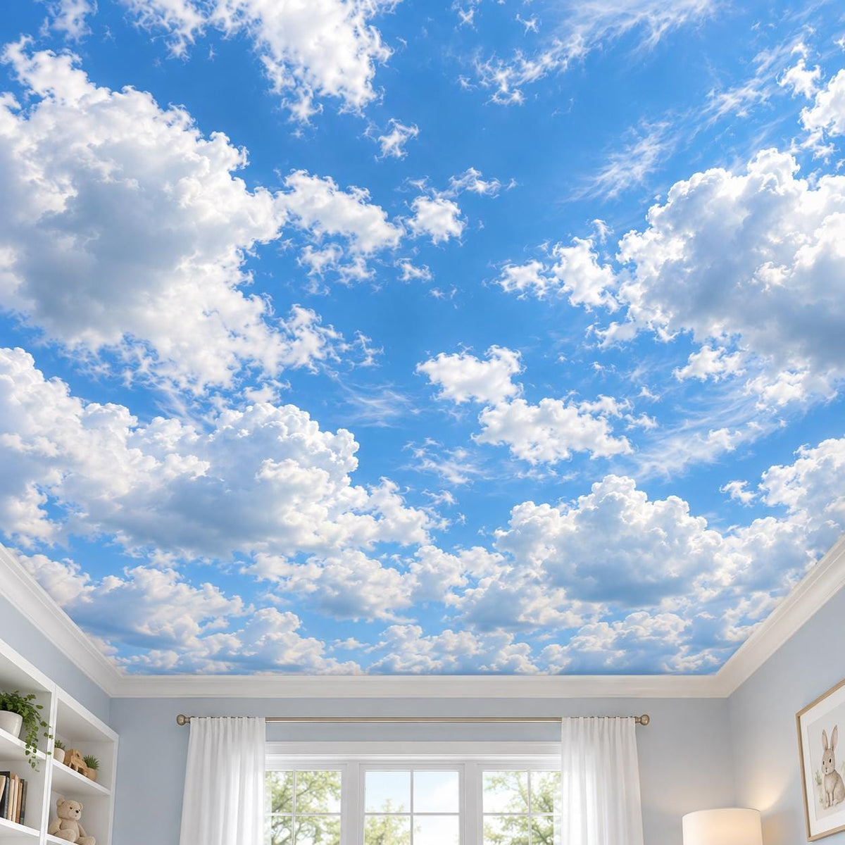 Bright blue sky ceiling mural with fluffy white cumulus clouds and soft gray shading.