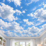 Bright blue sky ceiling mural with fluffy white cumulus clouds and soft gray shading.