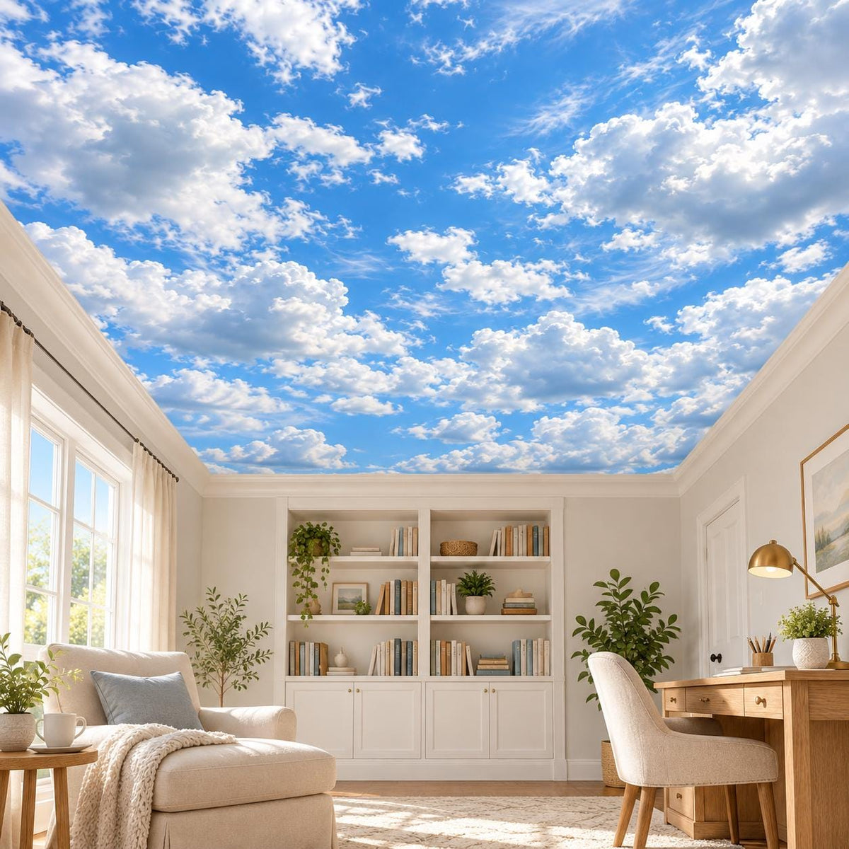 Blue sky ceiling decoration depicting softly shaded white clouds in a photographic style.