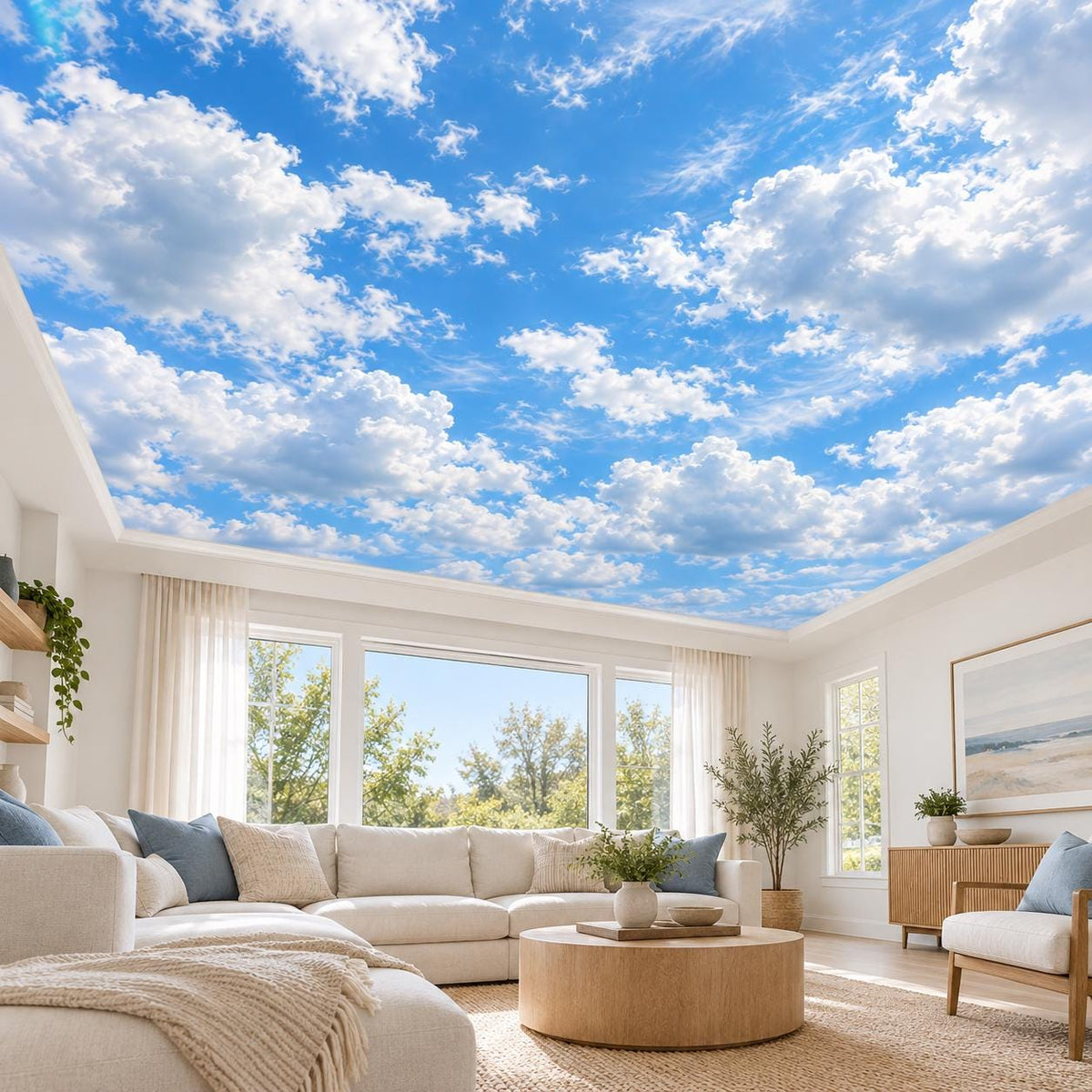 Realistic sky mural design with clustered cumulus clouds and thin wispy white edges.