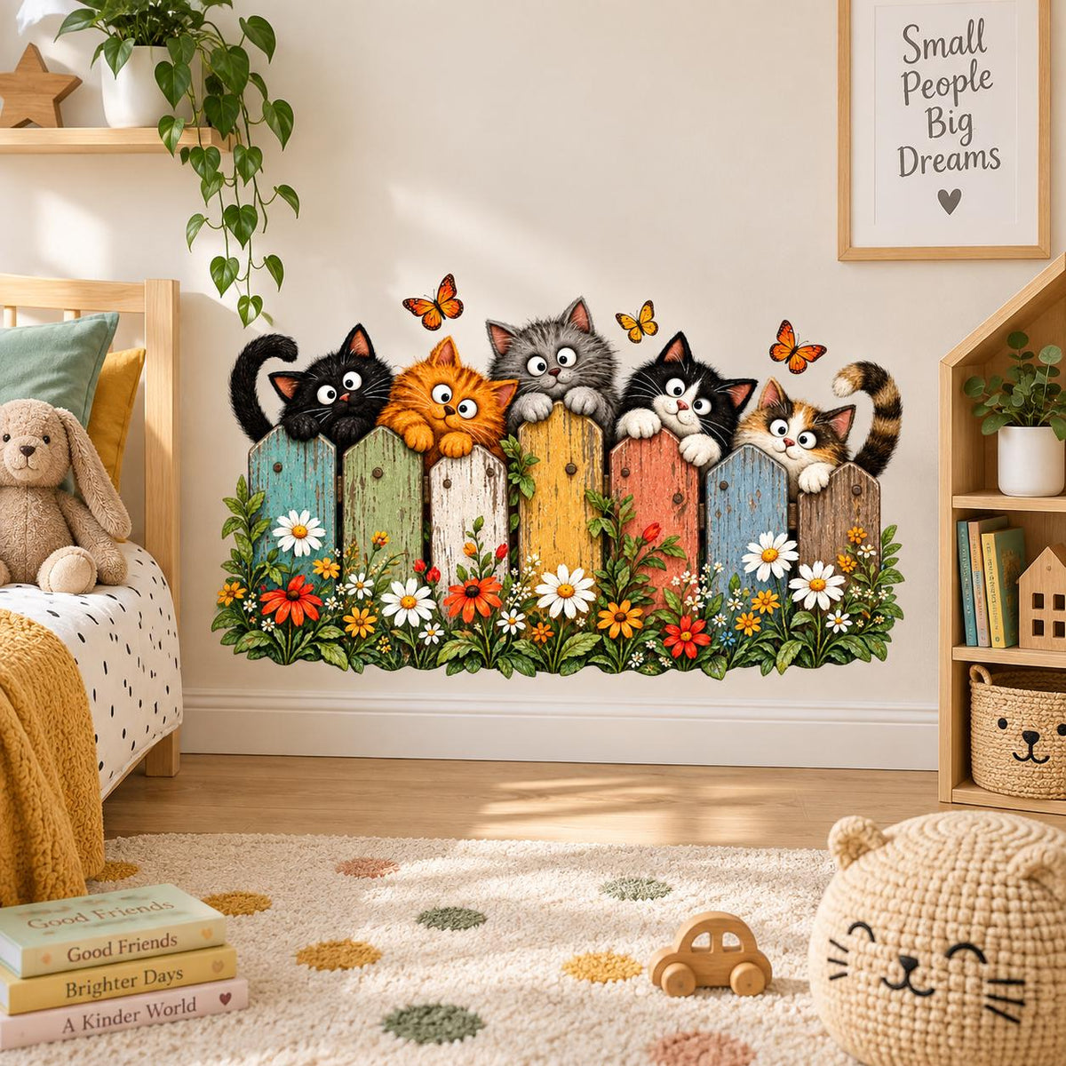 Cat wall sticker with five curious cats behind a painted wooden fence decorated with flowers and butterflies.