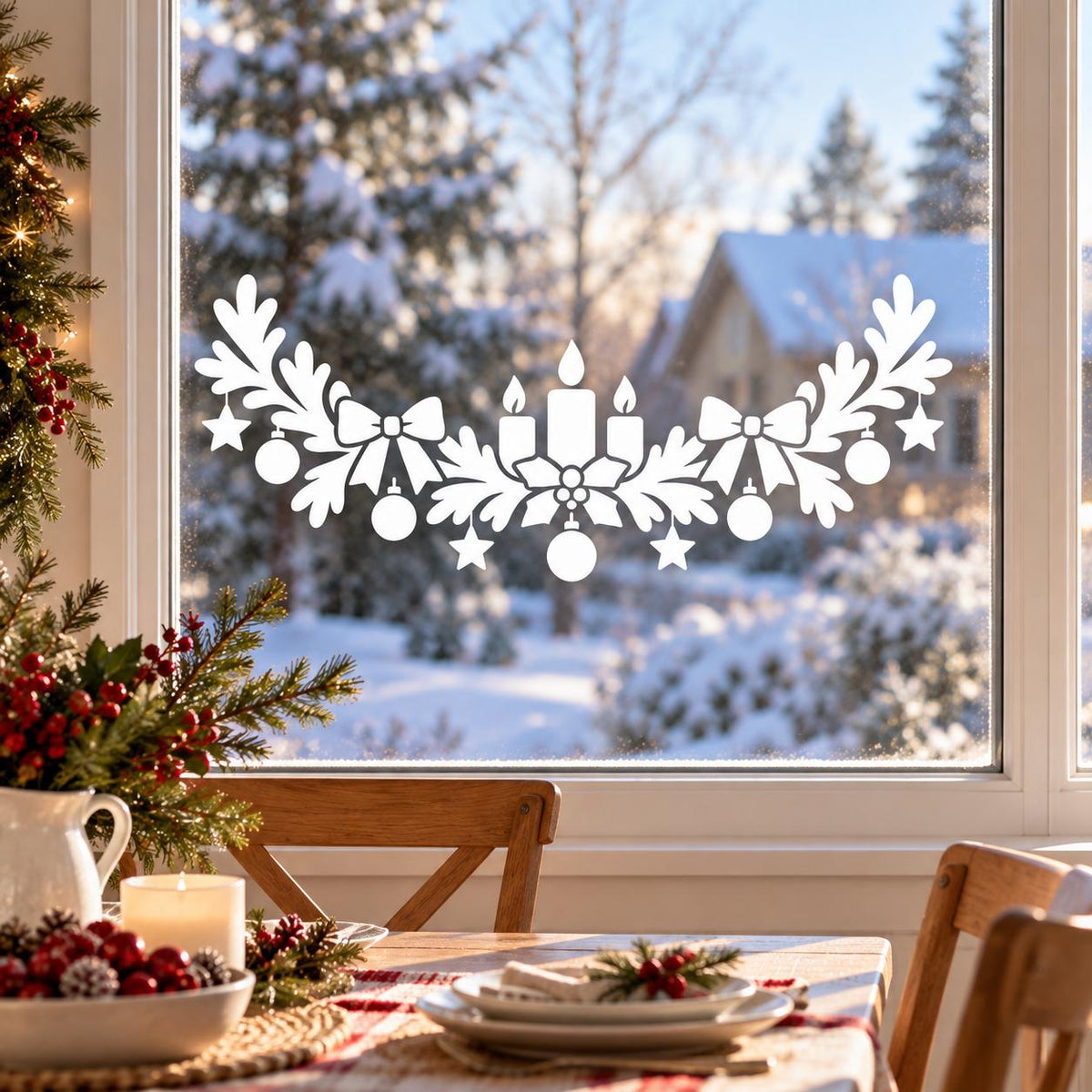 Festive window sticker showing three candles surrounded by pine branches, baubles and star details
