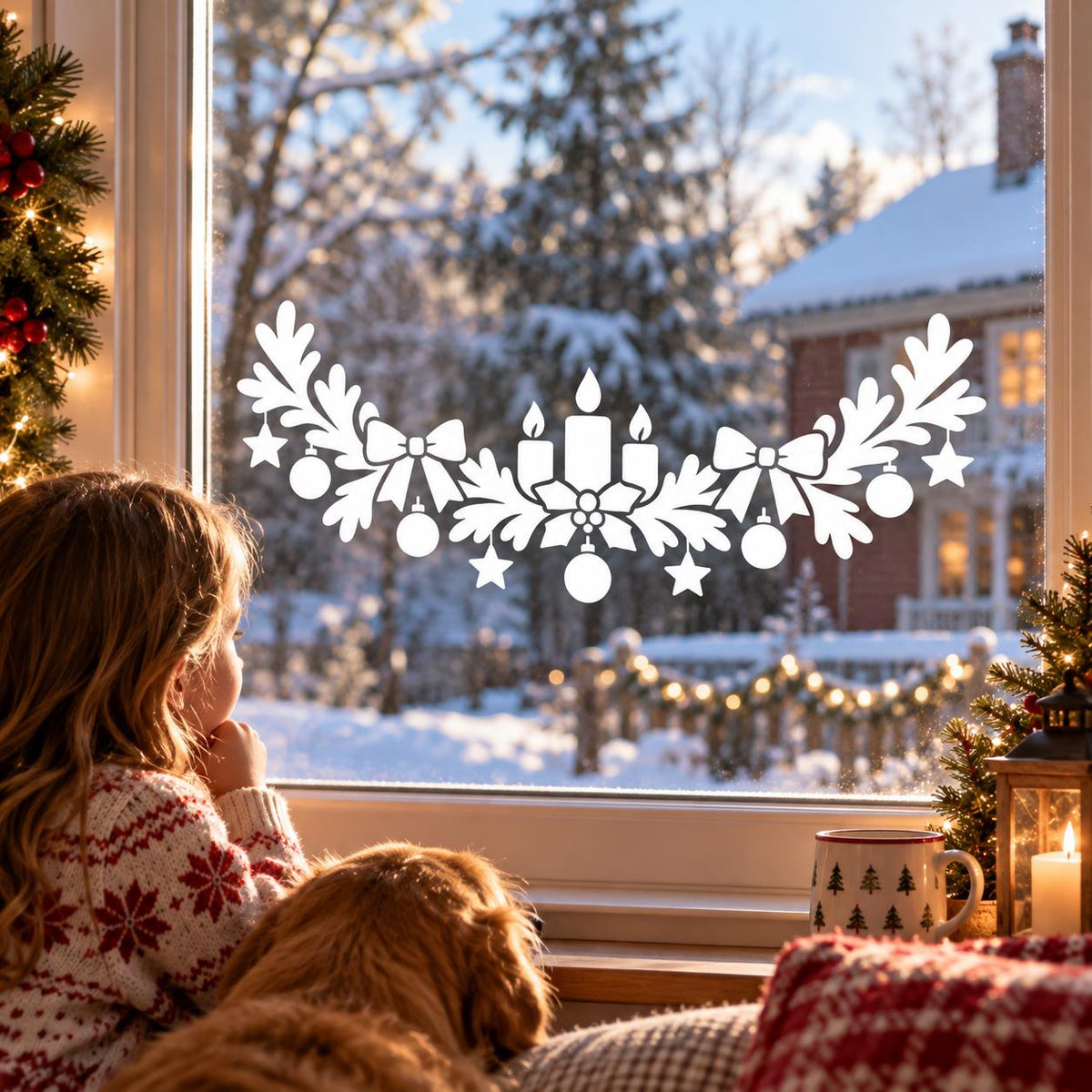 Holiday glass decal design with white candles, evergreen bows and suspended Christmas ornaments