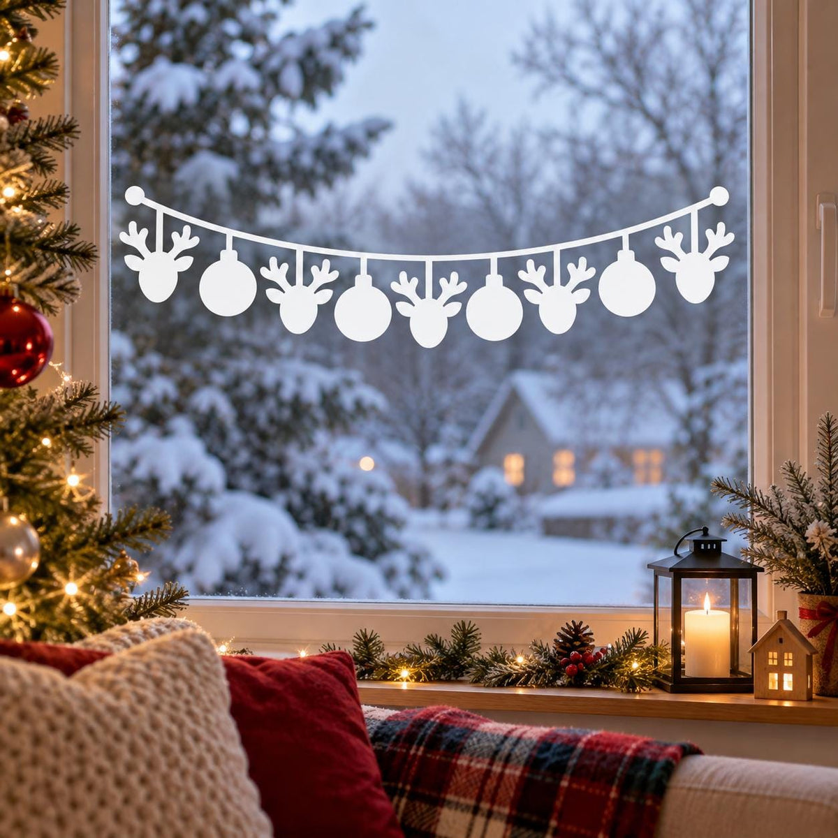 White window garland with reindeer head silhouettes and round Christmas baubles