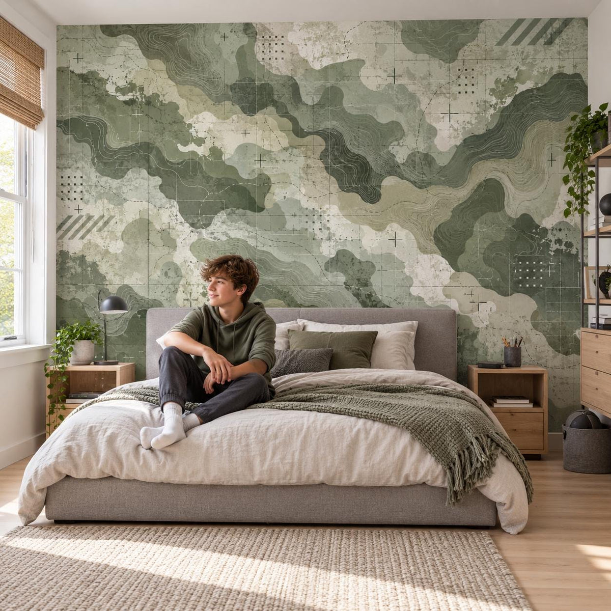 Earth tone topographic wallpaper with green shapes and small dotted graphic markers.