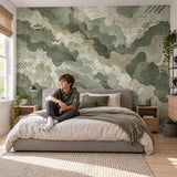Earth tone topographic wallpaper with green shapes and small dotted graphic markers.