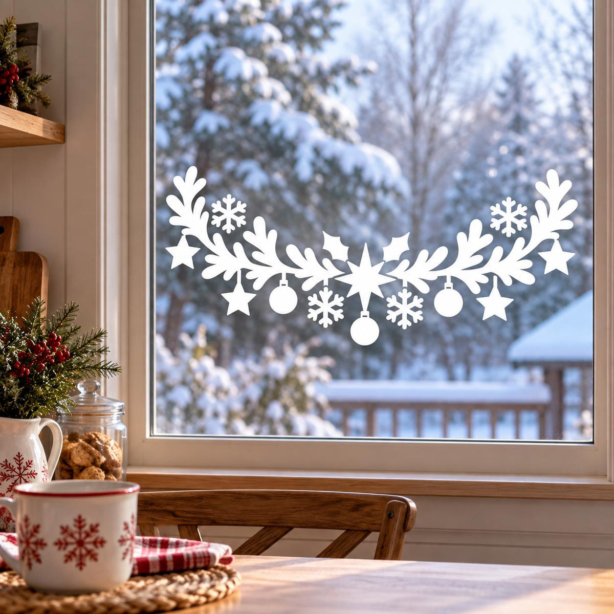 Christmas window decal featuring a central star surrounded by evergreen branches and ornaments