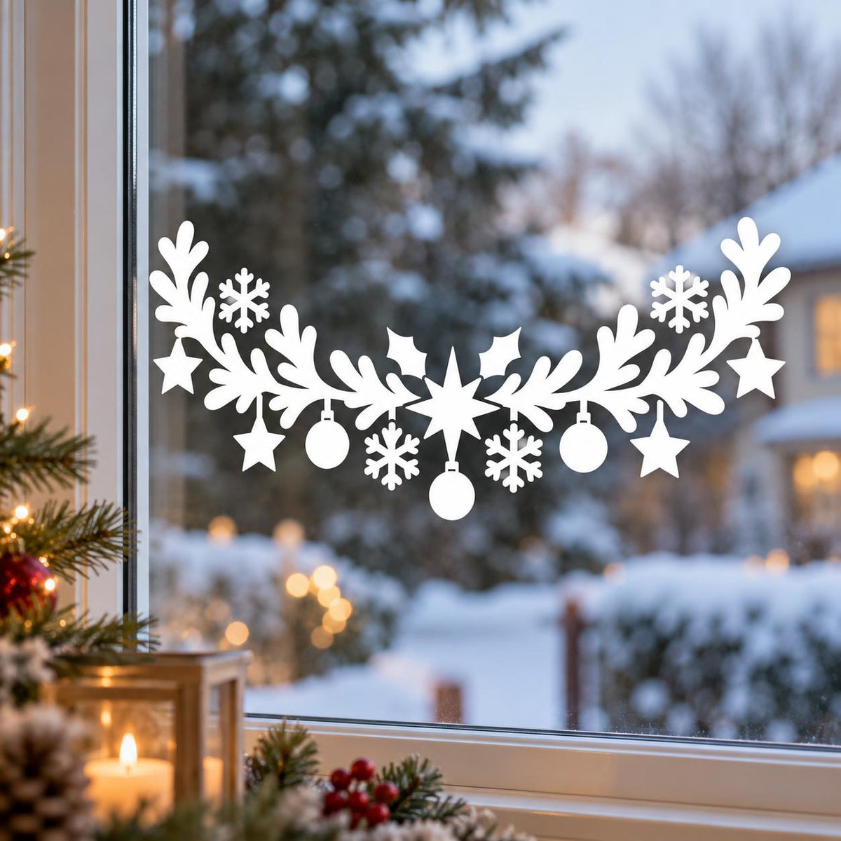 Holiday glass sticker with white star silhouettes, spherical decorations and scattered snowflakes