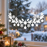 Holiday glass sticker with white star silhouettes, spherical decorations and scattered snowflakes