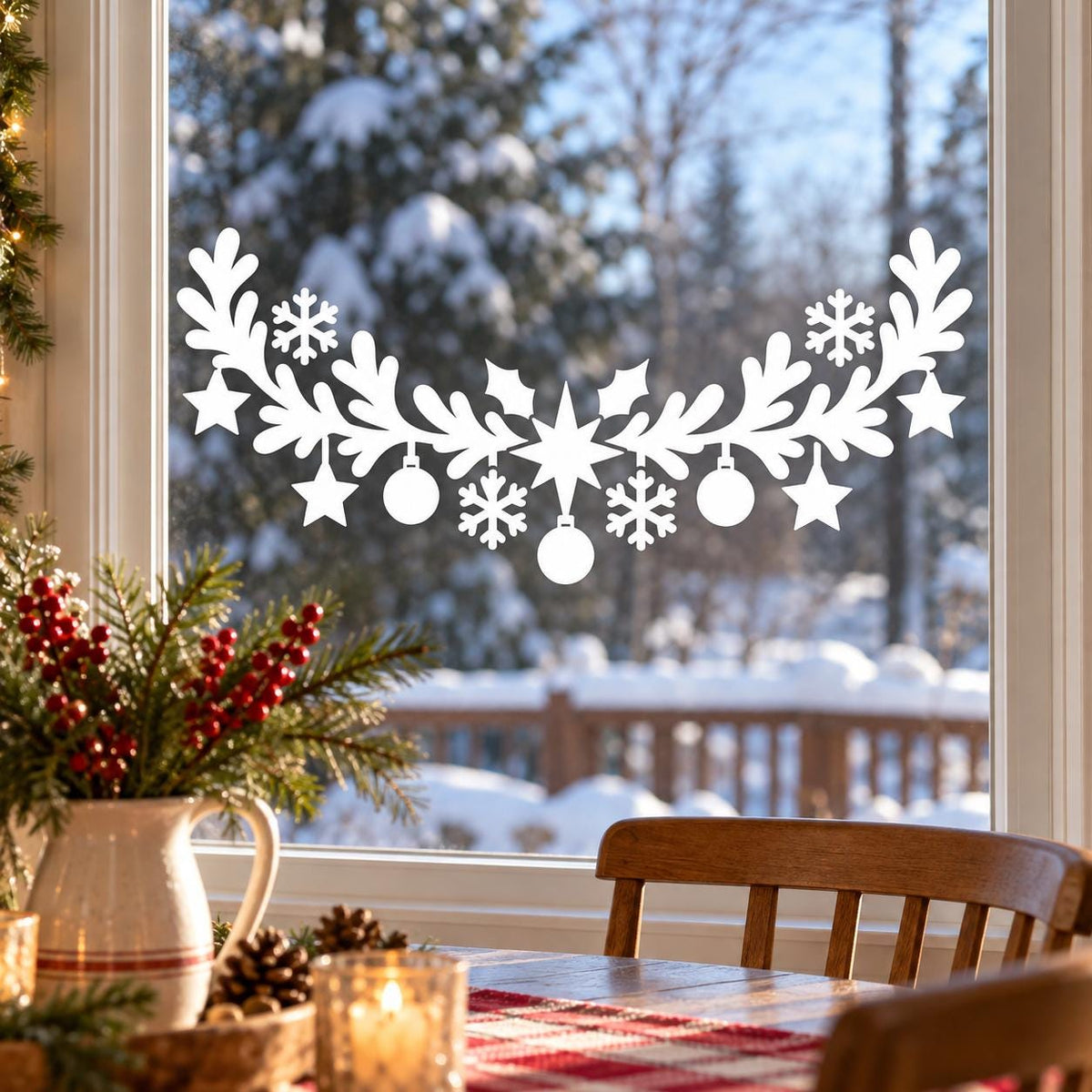 White evergreen window garland with a large star, round baubles and hanging snowflakes
