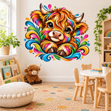 Highland cow nursery decal featuring a wide-eyed orange calf surrounded by bright multicolored swirls.