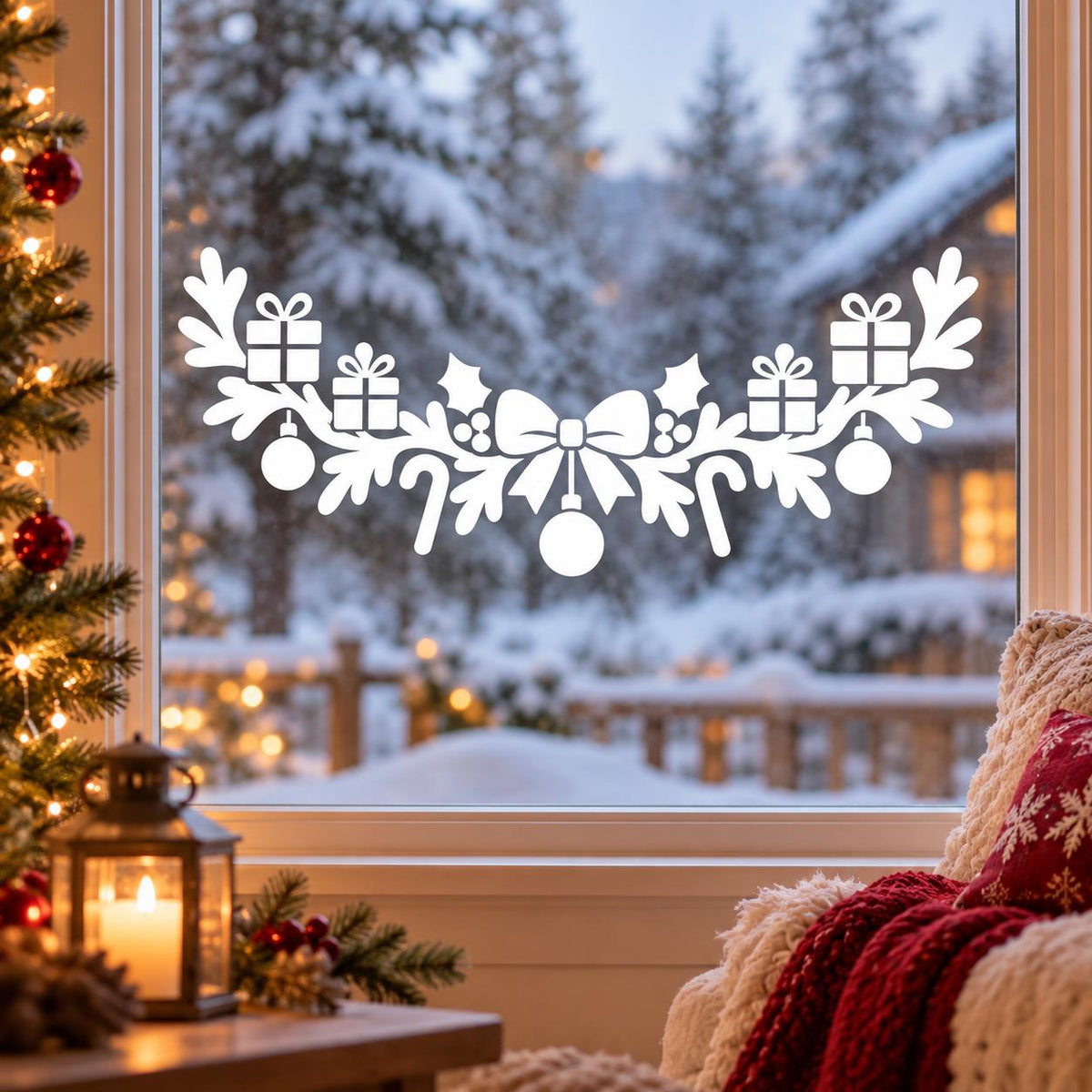 Holiday window sticker featuring a large ribbon bow above gifts, pine sprigs and candy cane shapes