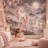 Moonlit unicorn scene with pink blossoms, soft mountain silhouettes and a distant waterfall.