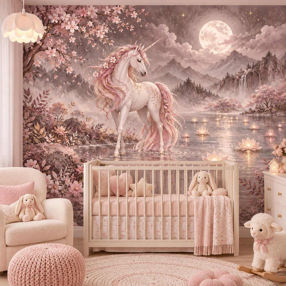 Pink maned unicorn illustration with cherry blossom branches and distant misty mountains.