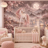 Pink maned unicorn illustration with cherry blossom branches and distant misty mountains.