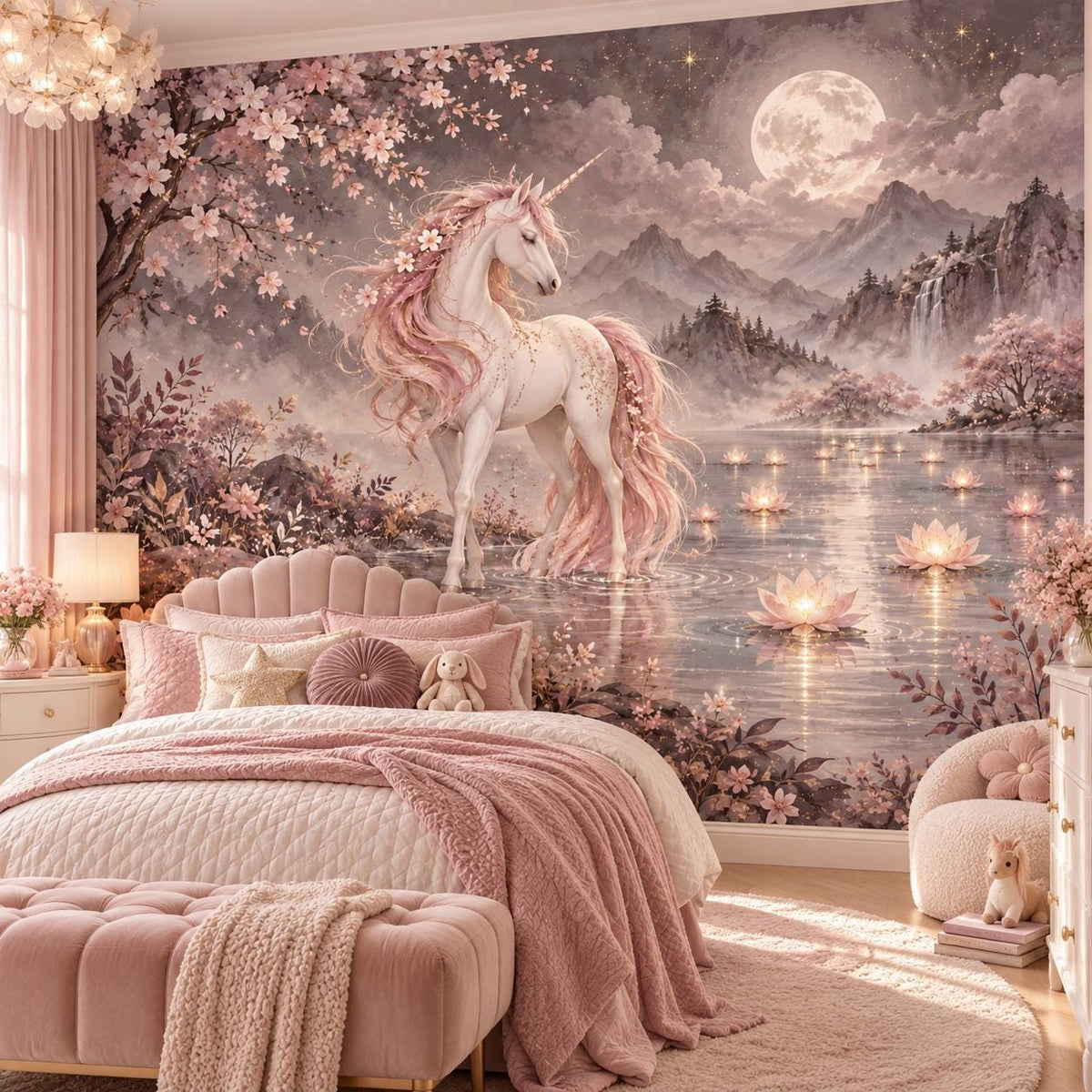 White unicorn with a blush pink mane beside a moonlit lake and flowering cherry branches.