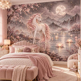 White unicorn with a blush pink mane beside a moonlit lake and flowering cherry branches.
