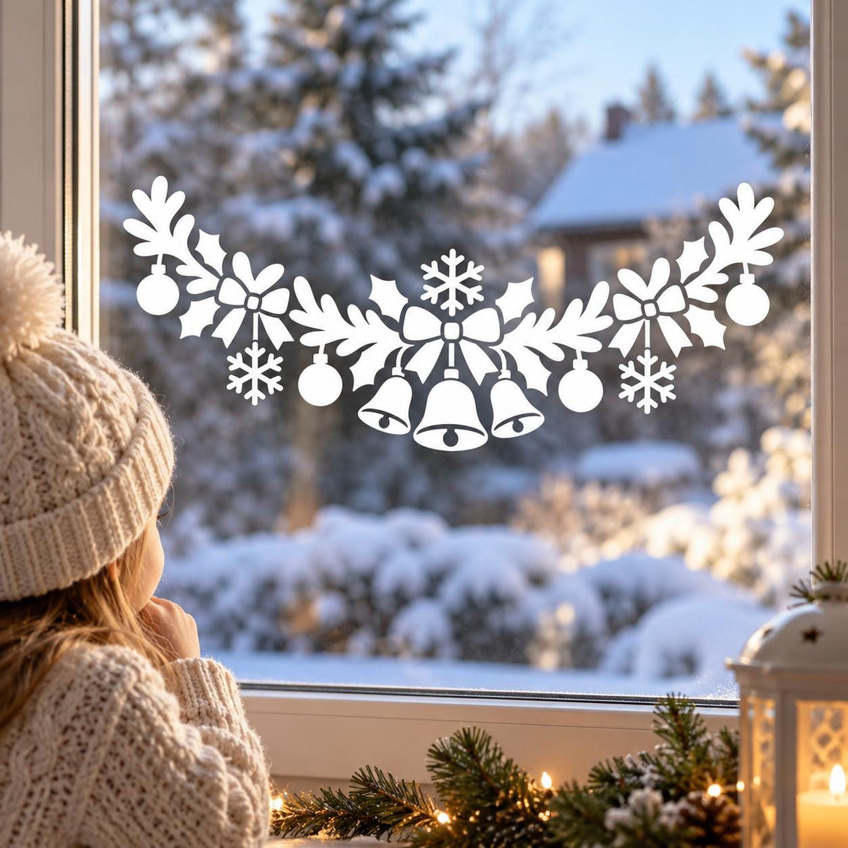 Christmas bell garland wall art motif with a ribbon bow, ornaments and snowy floral details on glass