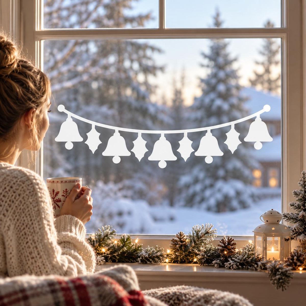 Festive bell and holly garland decal for windows with five bells hanging along a white curved line