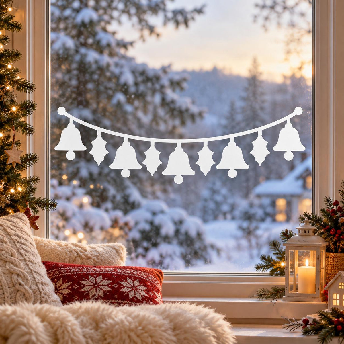 Christmas glass decoration with bell silhouettes and holly foliage in white vinyl